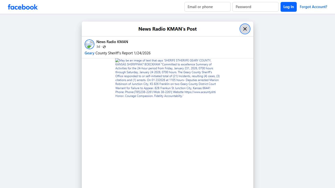 News Radio KMAN - Geary County Sheriff's Report 1/24/2026 Facebook